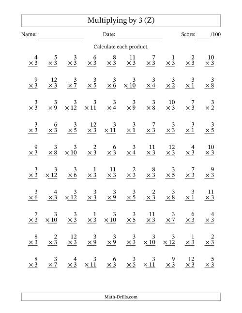 The Multiplying (1 to 12) by 3 (100 Questions) (Z) Math Worksheet