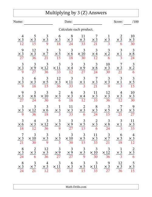 The Multiplying (1 to 12) by 3 (100 Questions) (Z) Math Worksheet Page 2