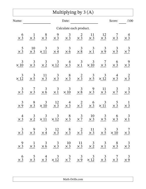 The Multiplying (1 to 12) by 3 (100 Questions) (All) Math Worksheet