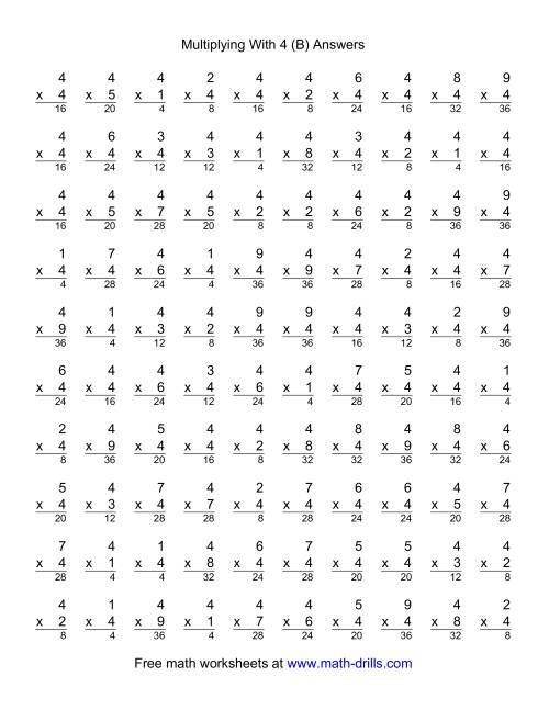 The 100 Vertical Questions -- Multiplication Facts -- 4 by 1-9 (B) Math Worksheet Page 2