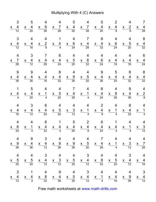 The 100 Vertical Questions -- Multiplication Facts -- 4 by 1-9 (C) Math Worksheet Page 2