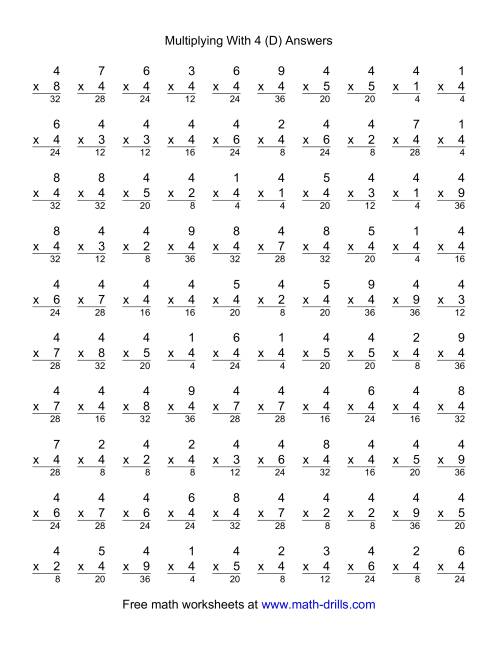 The 100 Vertical Questions -- Multiplication Facts -- 4 by 1-9 (D) Math Worksheet Page 2