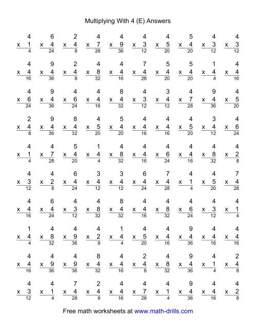 The 100 Vertical Questions -- Multiplication Facts -- 4 by 1-9 (E) Math Worksheet Page 2
