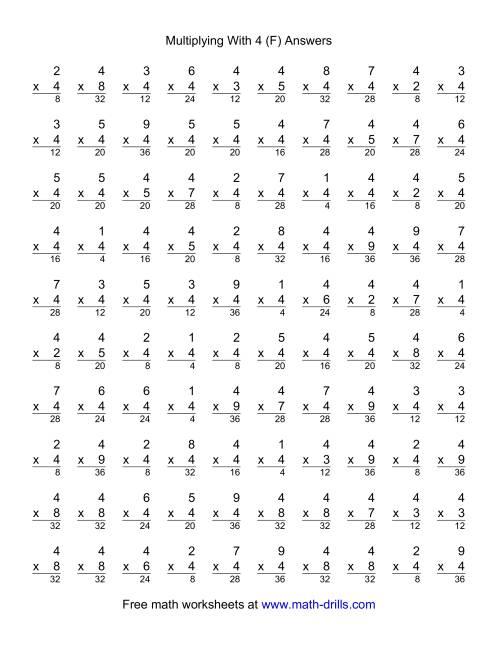 The 100 Vertical Questions -- Multiplication Facts -- 4 by 1-9 (F) Math Worksheet Page 2