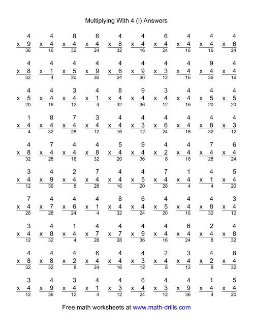 The 100 Vertical Questions -- Multiplication Facts -- 4 by 1-9 (I) Math Worksheet Page 2