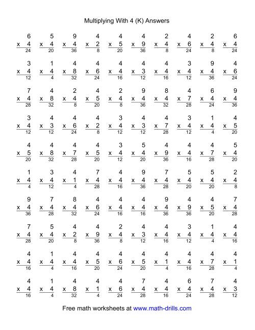 The 100 Vertical Questions -- Multiplication Facts -- 4 by 1-9 (K) Math Worksheet Page 2