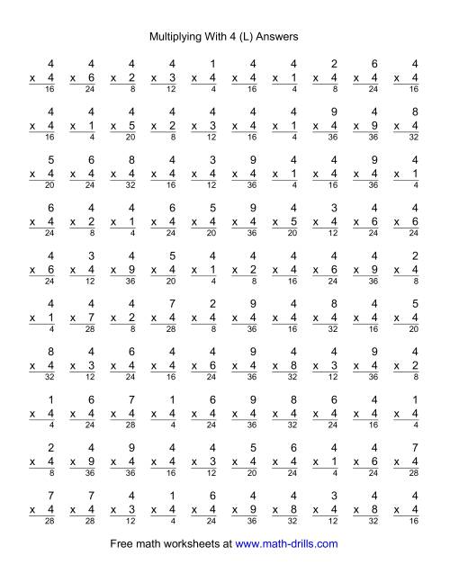 The 100 Vertical Questions -- Multiplication Facts -- 4 by 1-9 (L) Math Worksheet Page 2