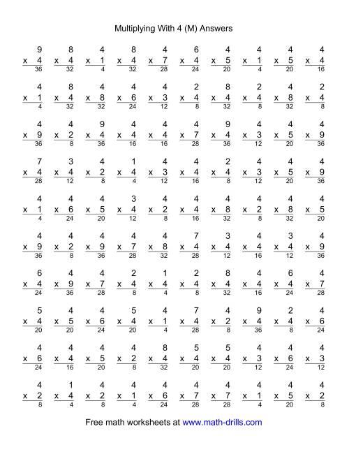 The 100 Vertical Questions -- Multiplication Facts -- 4 by 1-9 (M) Math Worksheet Page 2