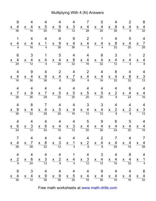 The 100 Vertical Questions -- Multiplication Facts -- 4 by 1-9 (N) Math Worksheet Page 2