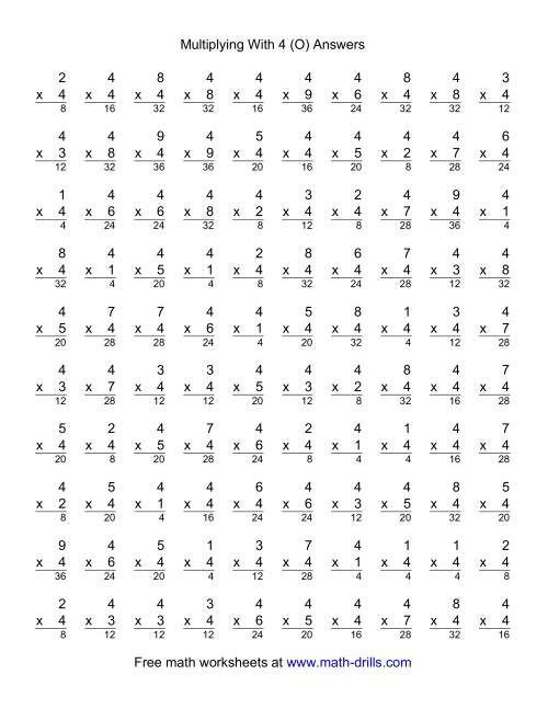 The 100 Vertical Questions -- Multiplication Facts -- 4 by 1-9 (O) Math Worksheet Page 2