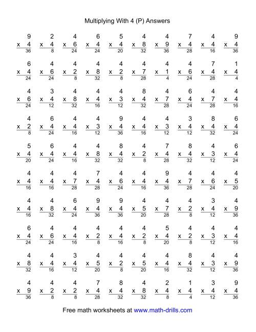 The 100 Vertical Questions -- Multiplication Facts -- 4 by 1-9 (P) Math Worksheet Page 2