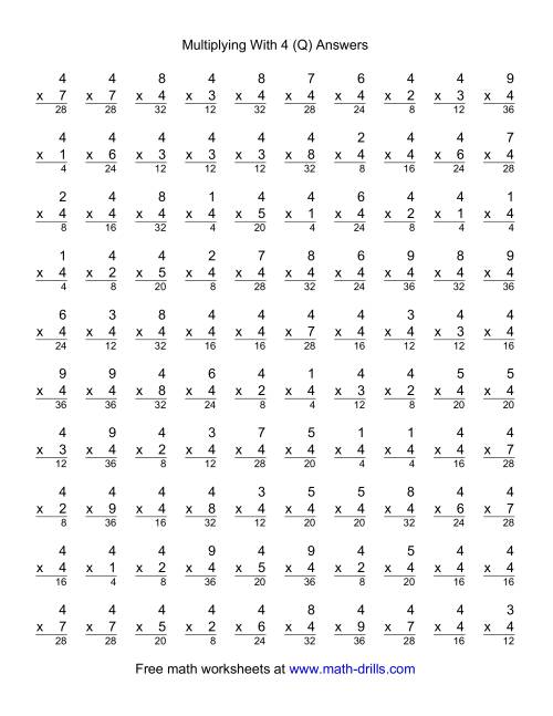 The 100 Vertical Questions -- Multiplication Facts -- 4 by 1-9 (Q) Math Worksheet Page 2