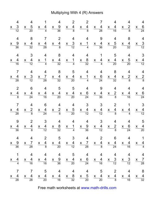 The 100 Vertical Questions -- Multiplication Facts -- 4 by 1-9 (R) Math Worksheet Page 2