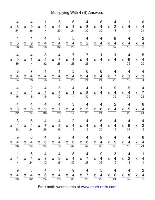 The 100 Vertical Questions -- Multiplication Facts -- 4 by 1-9 (S) Math Worksheet Page 2