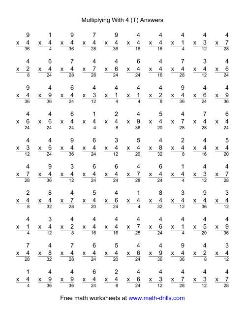 The 100 Vertical Questions -- Multiplication Facts -- 4 by 1-9 (T) Math Worksheet Page 2