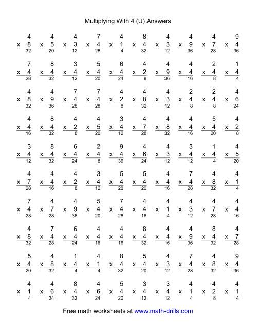 The 100 Vertical Questions -- Multiplication Facts -- 4 by 1-9 (U) Math Worksheet Page 2