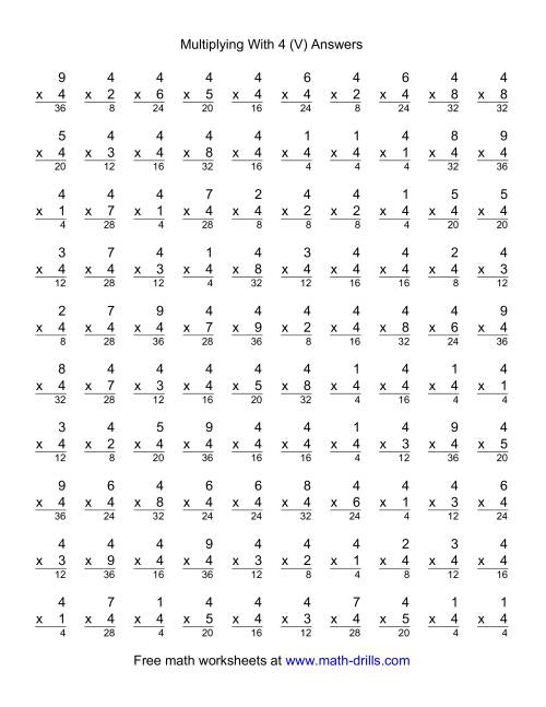 The 100 Vertical Questions -- Multiplication Facts -- 4 by 1-9 (V) Math Worksheet Page 2