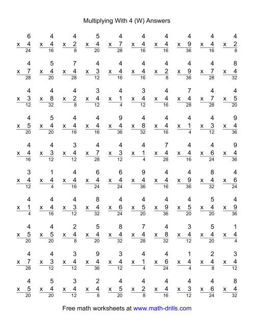 The 100 Vertical Questions -- Multiplication Facts -- 4 by 1-9 (W) Math Worksheet Page 2