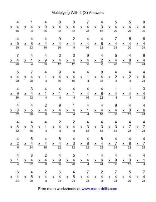 The 100 Vertical Questions -- Multiplication Facts -- 4 by 1-9 (X) Math Worksheet Page 2