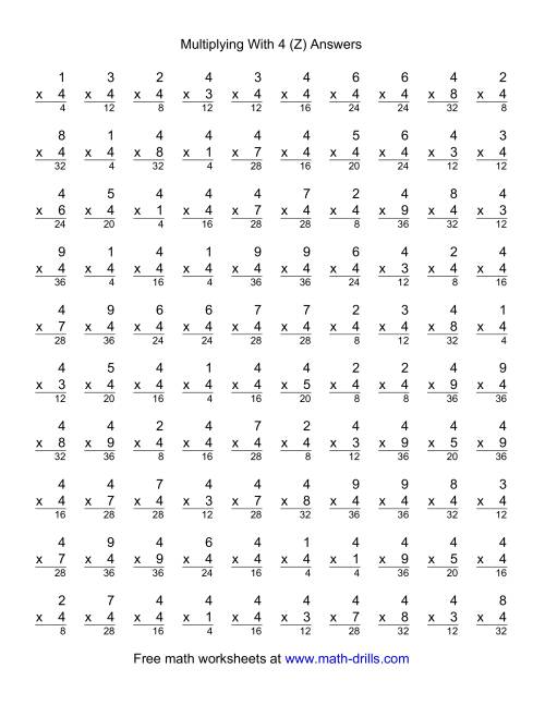 The 100 Vertical Questions -- Multiplication Facts -- 4 by 1-9 (Z) Math Worksheet Page 2