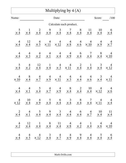 The Multiplying (1 to 12) by 4 (100 Questions) (A) Math Worksheet