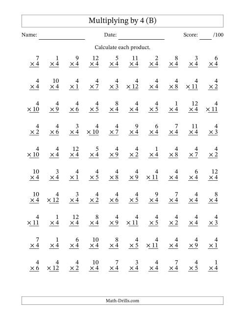 The Multiplying (1 to 12) by 4 (100 Questions) (B) Math Worksheet