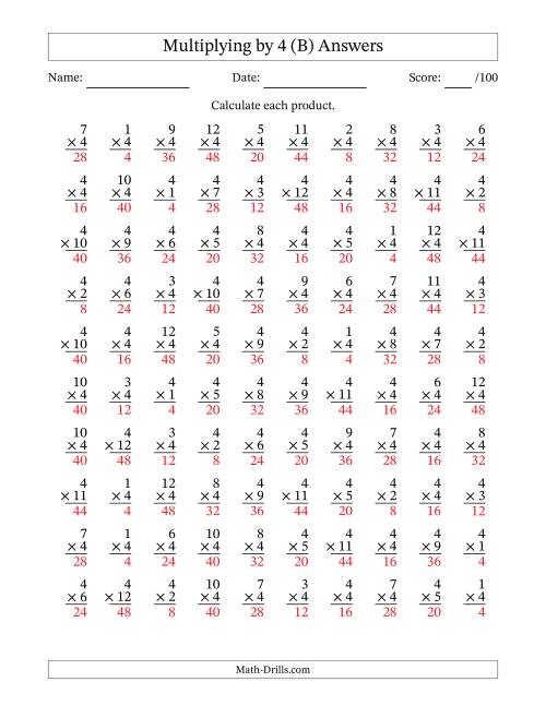 The Multiplying (1 to 12) by 4 (100 Questions) (B) Math Worksheet Page 2