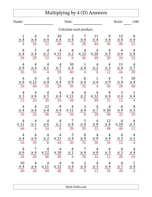 The Multiplying (1 to 12) by 4 (100 Questions) (D) Math Worksheet Page 2