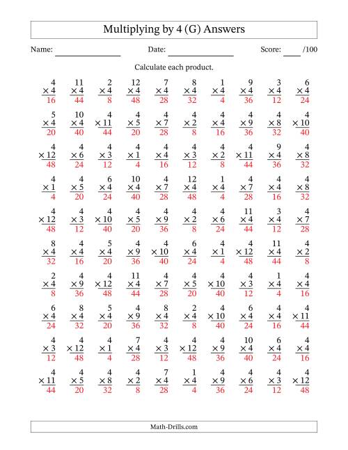 The Multiplying (1 to 12) by 4 (100 Questions) (G) Math Worksheet Page 2