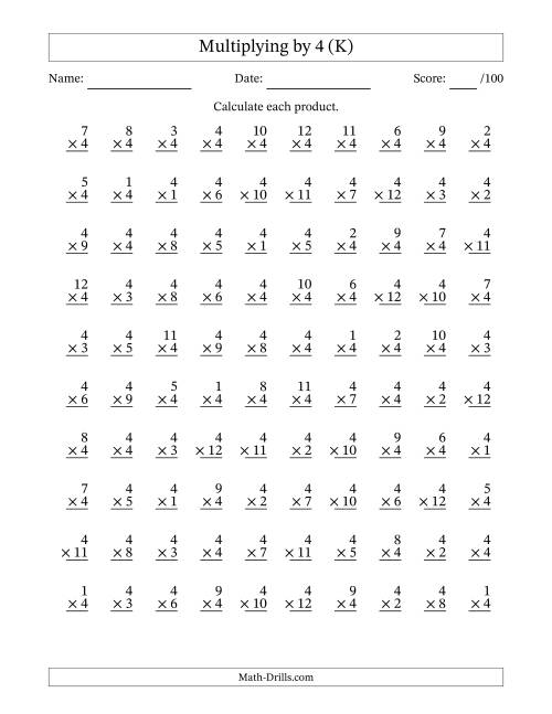 The Multiplying (1 to 12) by 4 (100 Questions) (K) Math Worksheet