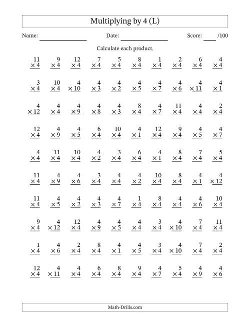 The Multiplying (1 to 12) by 4 (100 Questions) (L) Math Worksheet