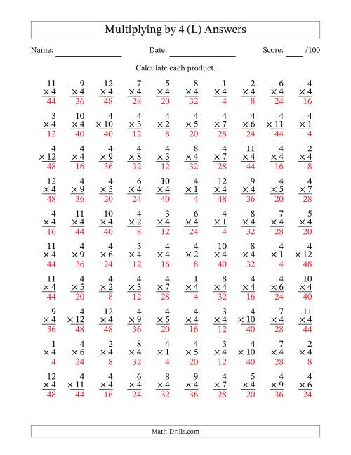The Multiplying (1 to 12) by 4 (100 Questions) (L) Math Worksheet Page 2
