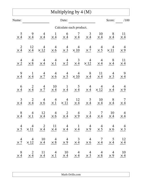 The Multiplying (1 to 12) by 4 (100 Questions) (M) Math Worksheet