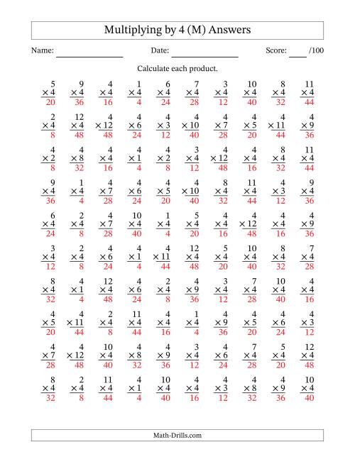 The Multiplying (1 to 12) by 4 (100 Questions) (M) Math Worksheet Page 2