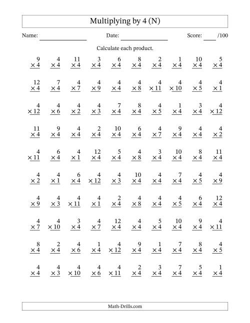 The Multiplying (1 to 12) by 4 (100 Questions) (N) Math Worksheet