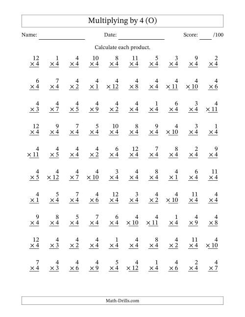 The Multiplying (1 to 12) by 4 (100 Questions) (O) Math Worksheet