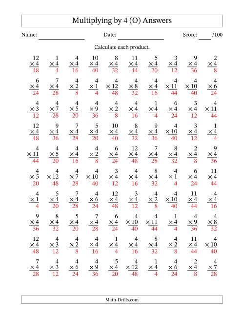 The Multiplying (1 to 12) by 4 (100 Questions) (O) Math Worksheet Page 2