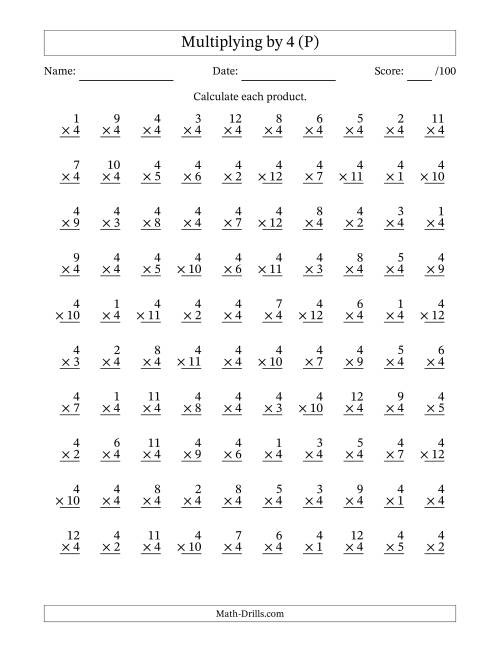 The Multiplying (1 to 12) by 4 (100 Questions) (P) Math Worksheet