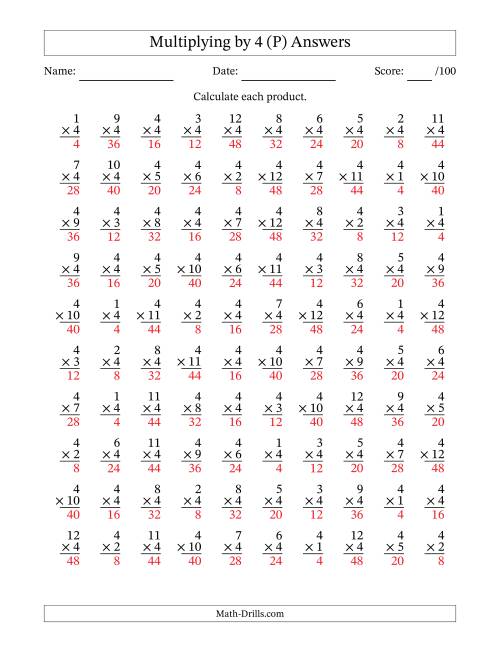 The Multiplying (1 to 12) by 4 (100 Questions) (P) Math Worksheet Page 2