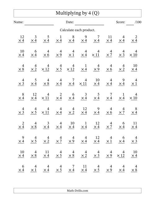 The Multiplying (1 to 12) by 4 (100 Questions) (Q) Math Worksheet