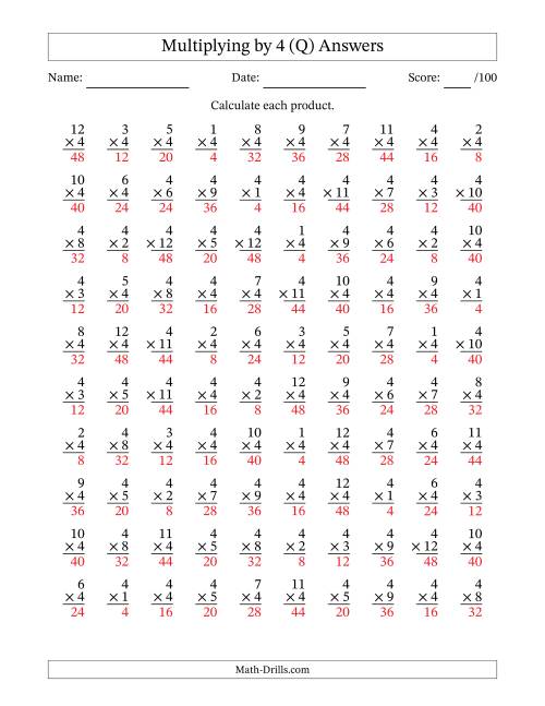 The Multiplying (1 to 12) by 4 (100 Questions) (Q) Math Worksheet Page 2