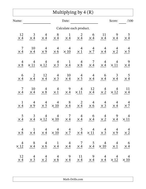 The Multiplying (1 to 12) by 4 (100 Questions) (R) Math Worksheet