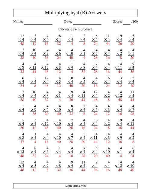 The Multiplying (1 to 12) by 4 (100 Questions) (R) Math Worksheet Page 2