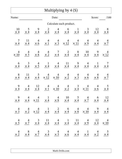 The Multiplying (1 to 12) by 4 (100 Questions) (S) Math Worksheet