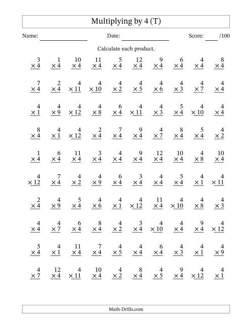The Multiplying (1 to 12) by 4 (100 Questions) (T) Math Worksheet