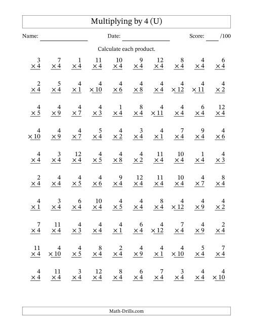 The Multiplying (1 to 12) by 4 (100 Questions) (U) Math Worksheet
