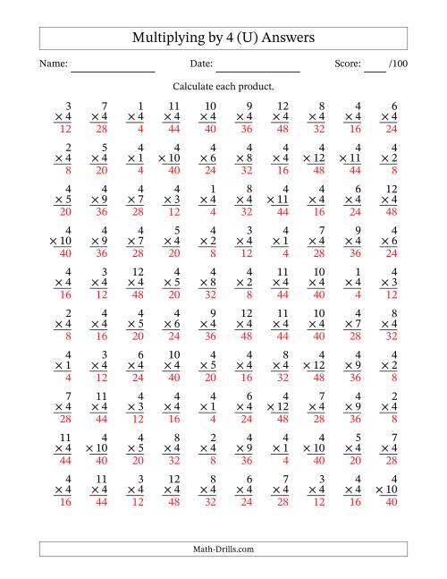The Multiplying (1 to 12) by 4 (100 Questions) (U) Math Worksheet Page 2
