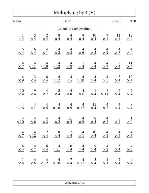 The Multiplying (1 to 12) by 4 (100 Questions) (V) Math Worksheet