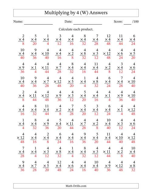 The Multiplying (1 to 12) by 4 (100 Questions) (W) Math Worksheet Page 2