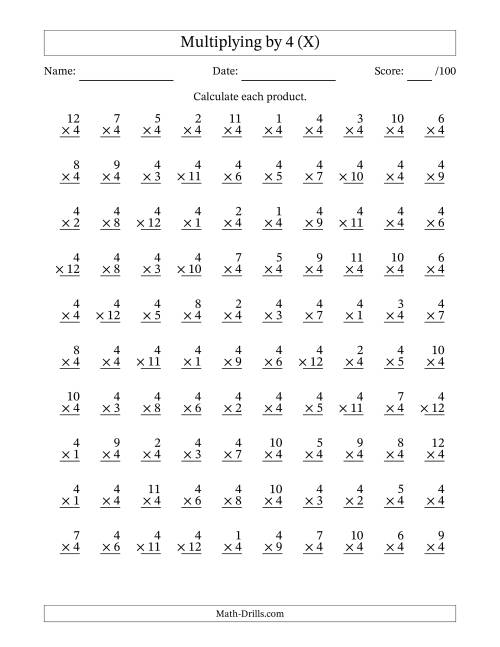 The Multiplying (1 to 12) by 4 (100 Questions) (X) Math Worksheet